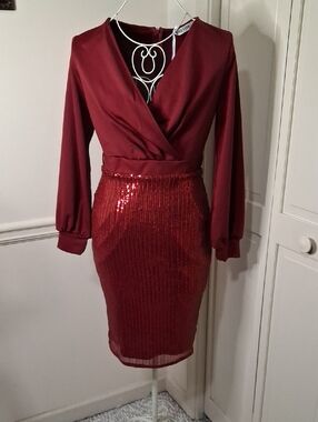 Grace Karin Burgundy Sequin Wrap Dress